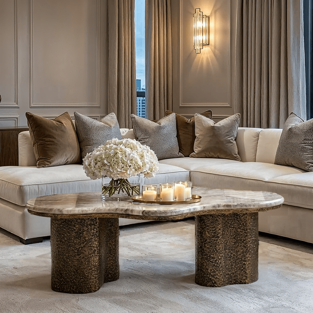 Neutral Marble Coffee Table with Brushed Brass Base