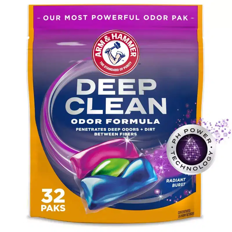 Arm & Hammer Deep Clean Odor Formula Power Paks in Radiant Burst Laundry Detergent - 32ct: Phosphate-Free, Resealable Bag, Capsule Form
