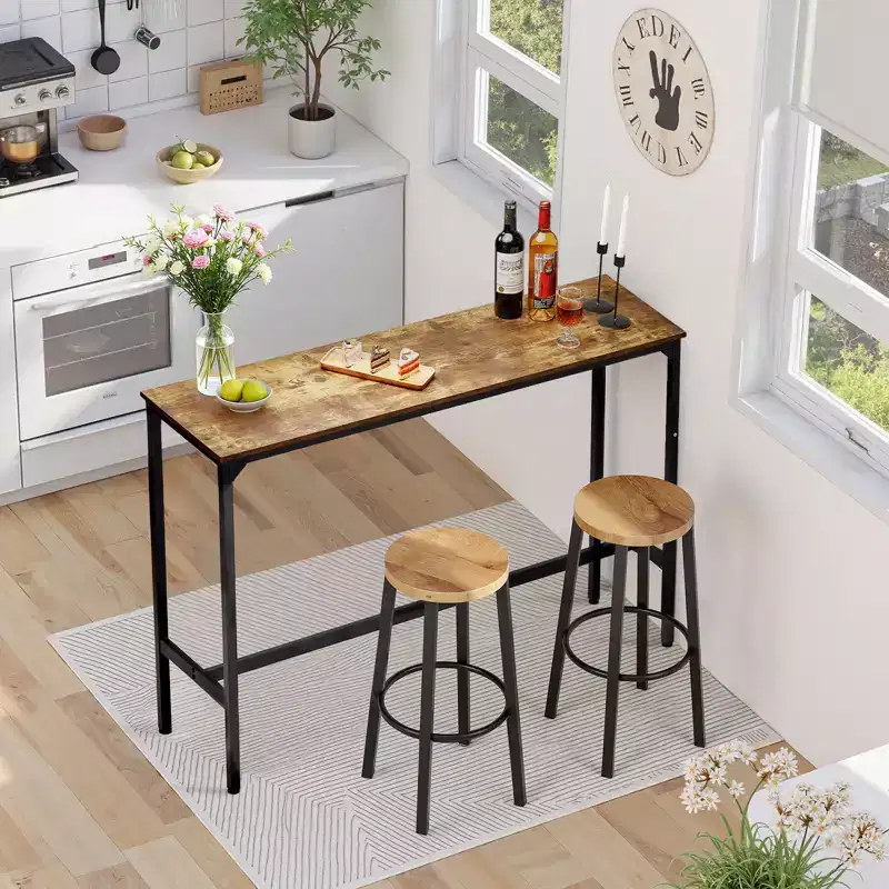 VEVOR Bar Table, Sturdy Metal Frame High Top Pub Table, Narrow Long Kitchen Dining, Cocktail Counter Bar Height Desk, 55x15x39 in, Brown and Black