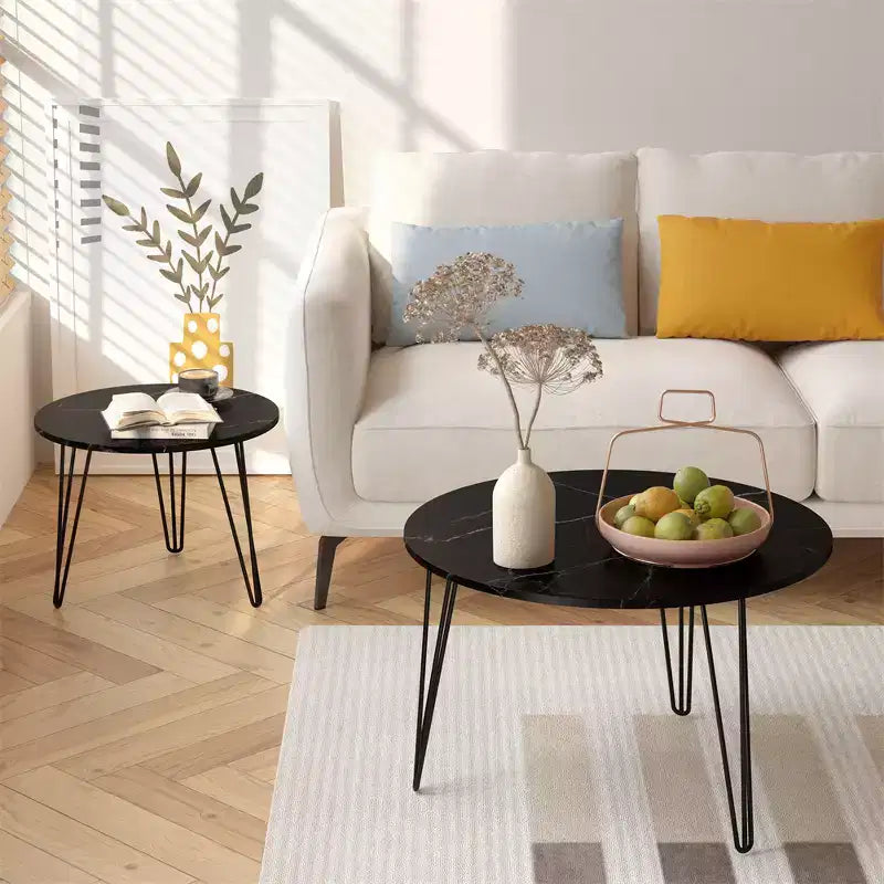 Modern Round Nested Side 2 Table Set, featuring a round marble-textured tabletop and a sturdy metal baseSuitable for living rooms and bedrooms