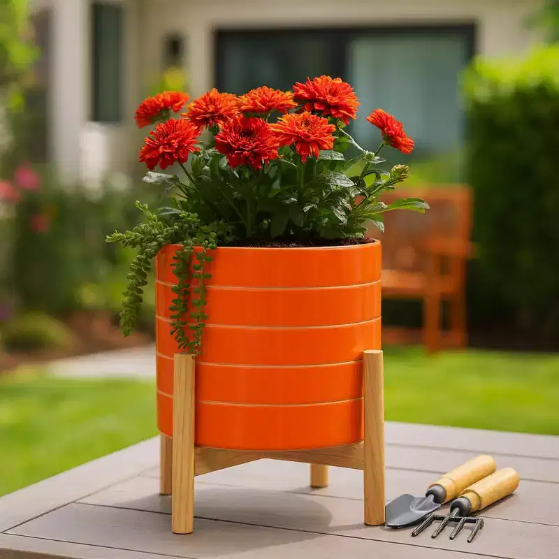 Striped Ceramic Planters with Wooden Stand as Home Decor Flower Pots for Entryway, Patio, Tabletop, and Garden
