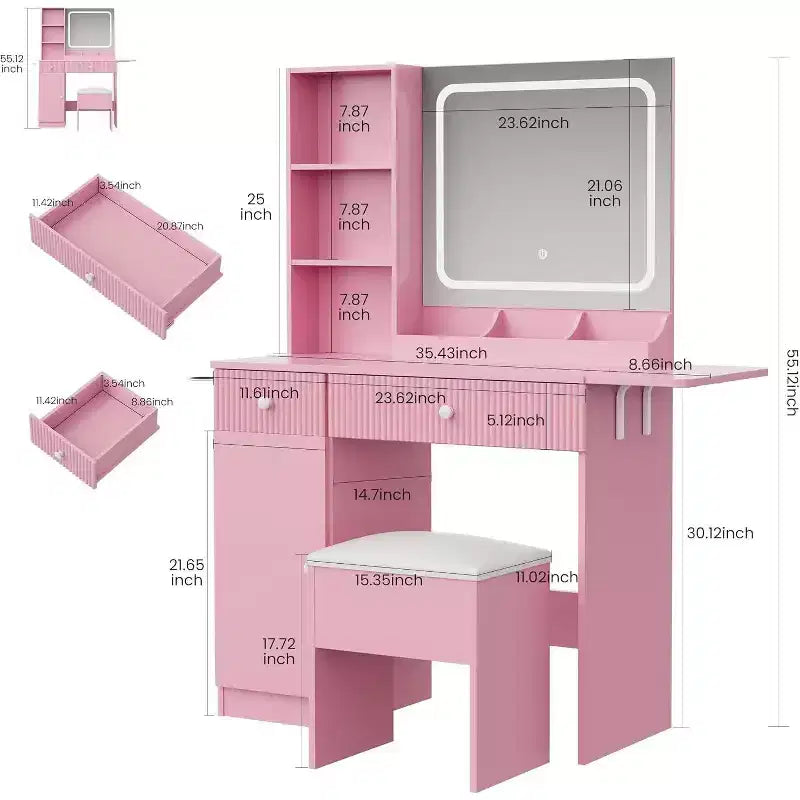 Acekool Vanity Desk with Mirror, Drawers, Cabinet, Power Access & Storage Stool, Expandable Makeup Table for Bedroom