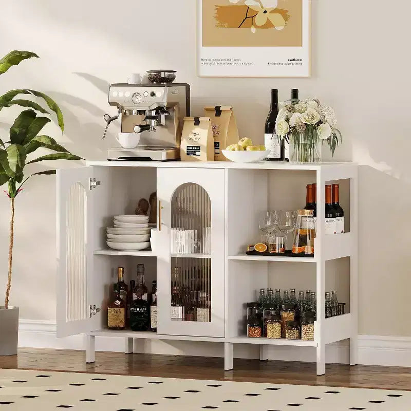 39.4" White Modern Glass Door Display Cabinet with Gold Handles, Dining & Living Room
