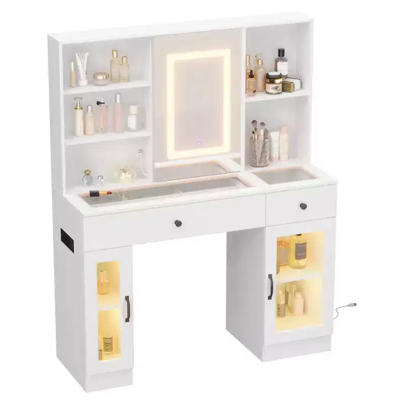 41" White Makeup Vanity Desk with LED Mirror, Power Outlet, 2 Drawers & 4 Glass Cabinets