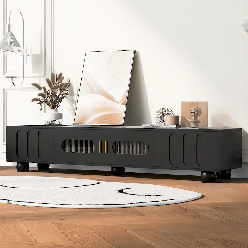 Modern TV Stand with Tempered Glass Doors and Storage