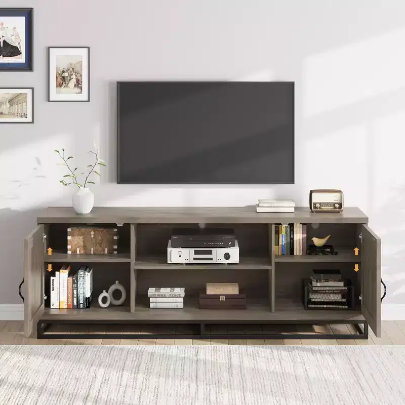 63-Inch Mid-Century Modern TV Stand with Push-Open Cabinets and Open Shelves