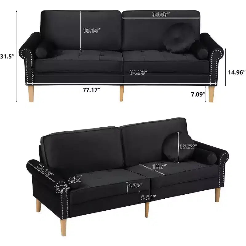 78 Black Velvet Luxurious Seater Sofa, Rubber Wood Legs 2 Round Curved Armrest Tufted Button High Resilience Sponge Cushion Couch Stud Embellishments