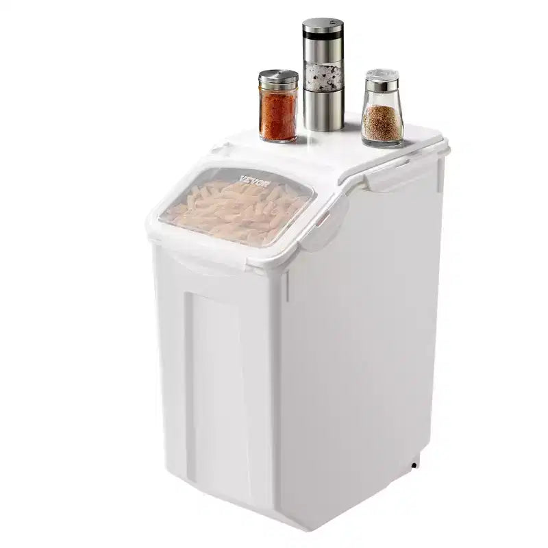4.5Gal/20L Airtight Food Storage Container with Wheels & Measuring Cup for Rice, Pet Food, Grain, Flour, White