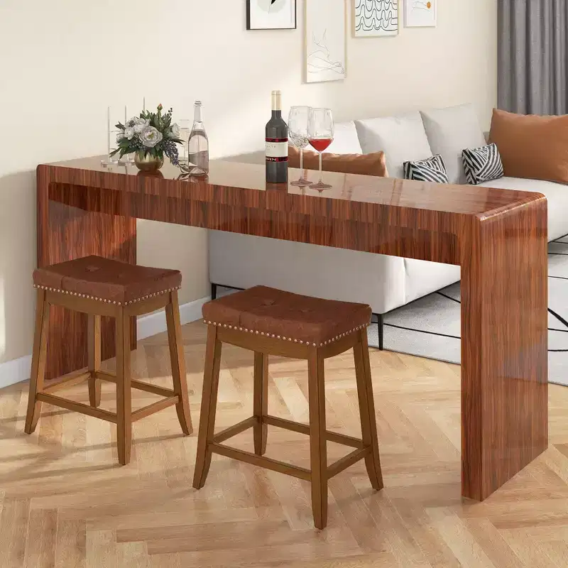 Costway Saddle Bar Stools Set of 2/4 with PU Leather Seat Solid Rubber Wood Frame Footrest