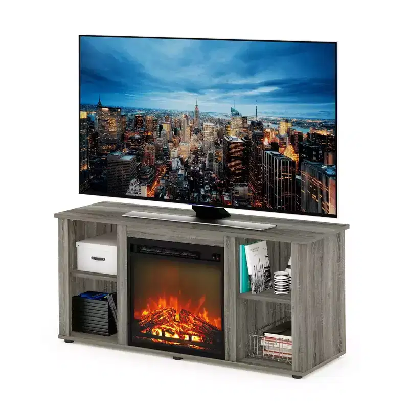 Furinno Fireplace TV Stand Entertainment Center TV Console Cabinet w/Open Storage Shelf for TV up to 55,French Oak Grey