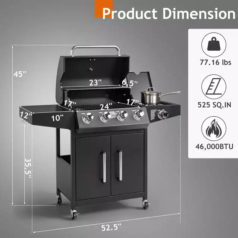 Karl Home 4 Burner Propane Gas Grill With Side Burner