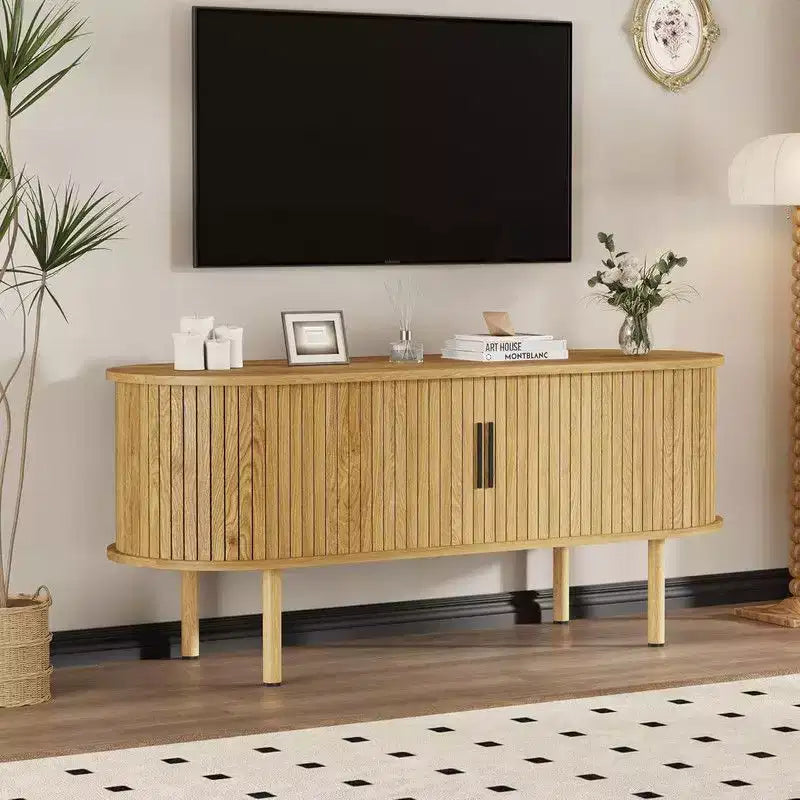 47.2 TV Cabinet with Sliding Doors & Storage, Wood Media Console for TVs Up to 80, Modern