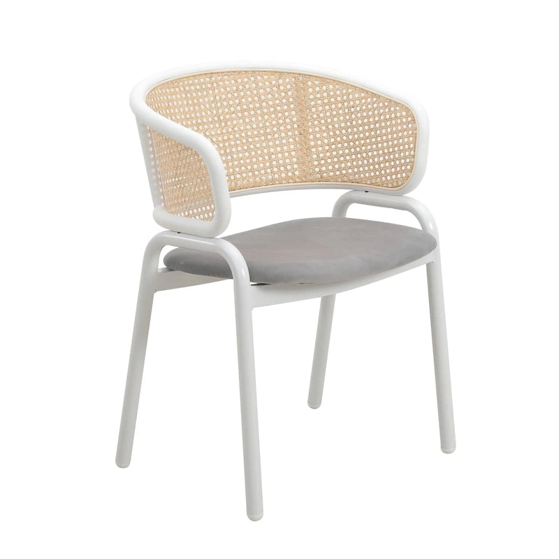 Dining Arm Chair – Grey / Beige / White / Black, Velvet Seat, Rattan Back, Powder-Coated Steel Legs, Mid-Century Modern Style, Seats 1