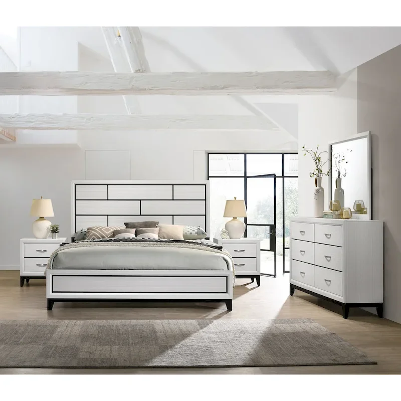 Roundhill Furniture Stout Contemporary Panel Bedroom Set in White Finish with Panel Bed, Dresser, Mirror, 2 Night Stands