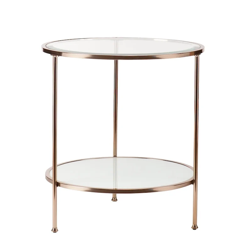 Round Glass Top End Table with Gold Iron Frame and White Shelf