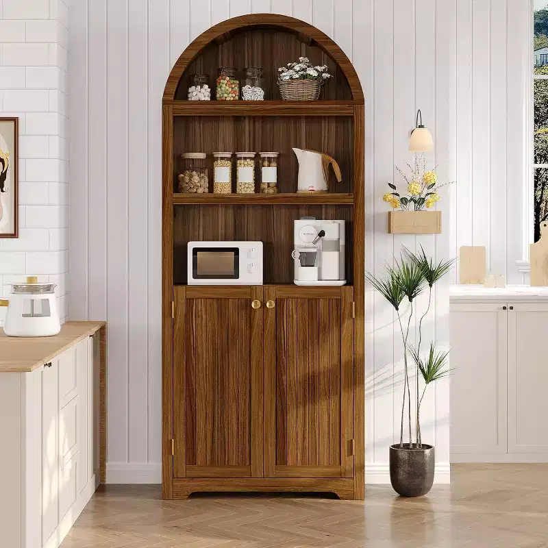 72 in Walnut Arched Storage Cabinet with Gold Pulls, 5-Tier Freestanding Bookcase with Doors & Adjustable Shelf for Living Room or Kitchen