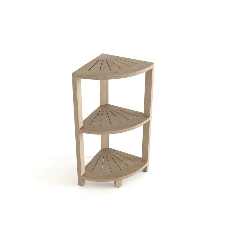 3-Tier Corner Teak Wood Bathroom Shelf Organizer Natural Grey