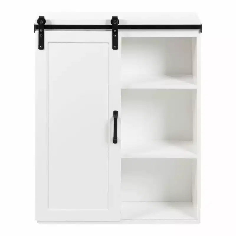 22"x28" Farmhouse Wall Cabinet with Rolling Barn Door, 5 Shelves, White