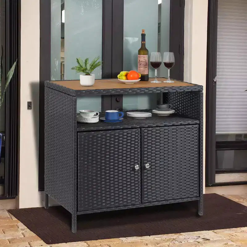 Resin Wicker Storage Cabinet, Versatile Outdoor/Indoor Organizer with Spacious Tabletop and Shelf, Ideal for Patio, Garden, Poolside, or Kitchen Use