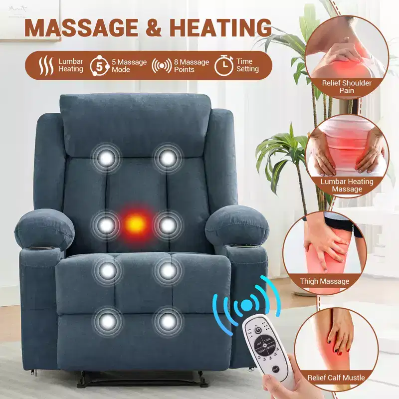 Massage Rocker Recliner Chair, Comfy Overstuffed Rocking Chair with Side Pockets, Front Pockets and Cup Holder, Easy Assembly