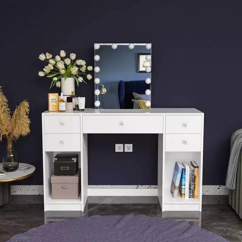 Anthea Lighted Makeup Vanity White - Boahaus: 5 Drawers, 14 LED Bulbs, Wood Laminate, 50.31 H