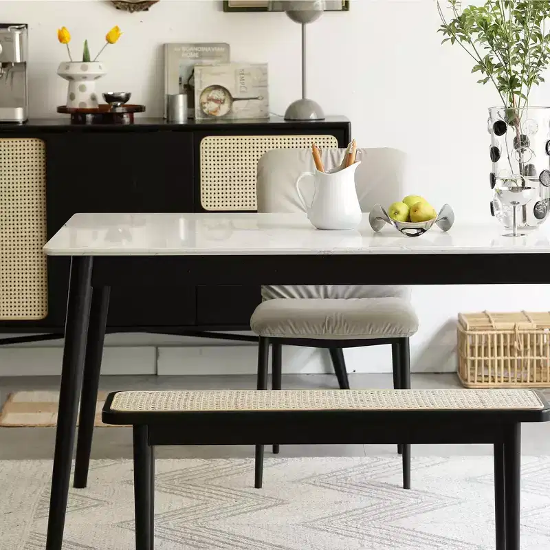 MAYEERTY Modern Solid Oak Wood Bench with Rattan for Bedroom, Entryway & Living Room, Black