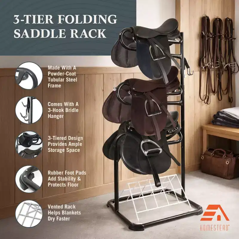 HOMESTEAD 3-Tier Saddle Rack, Horse Saddle Stand w/ Rotating Tiers & Bridle Rack
