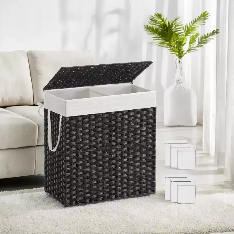 110L Double Laundry Hamper with Lid & 2 Removable Liner Bags, Wicker