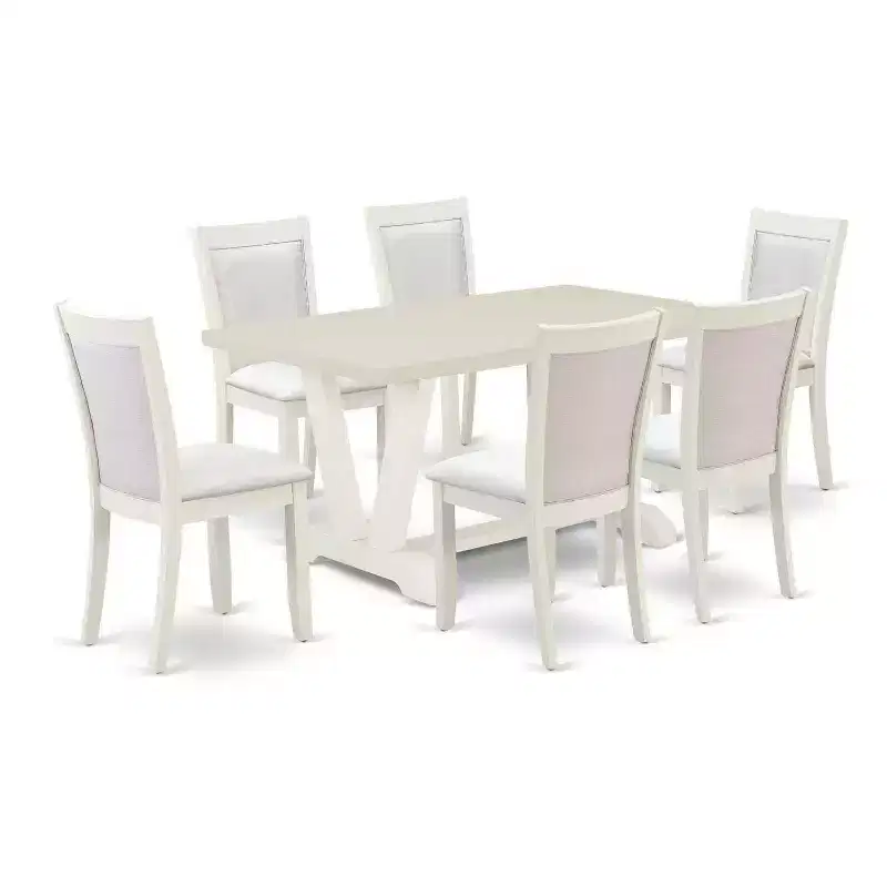 HomeStock 7-Piece Rectangle Wire Brushed Linen White Finish Solid Wood Top Dining Table with 6 Chairs