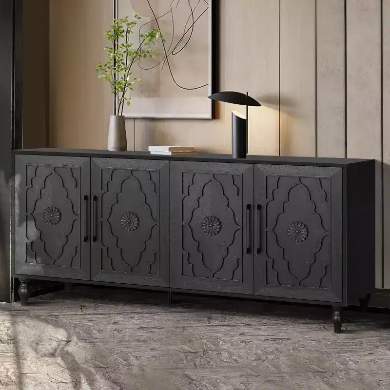 Kitchen Cabinet with 4 Carved Flower Doors, Decorative Sideboard Buffet Storage Cabinet for Dining Room, Living Room - Panipeachy
