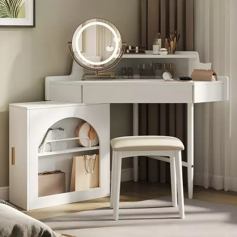 GDFStudio Gore Corner Makeup Vanity Set With Stool and Rotating Mirror, Movable Side Cabinet & 3-Color LED Light, White