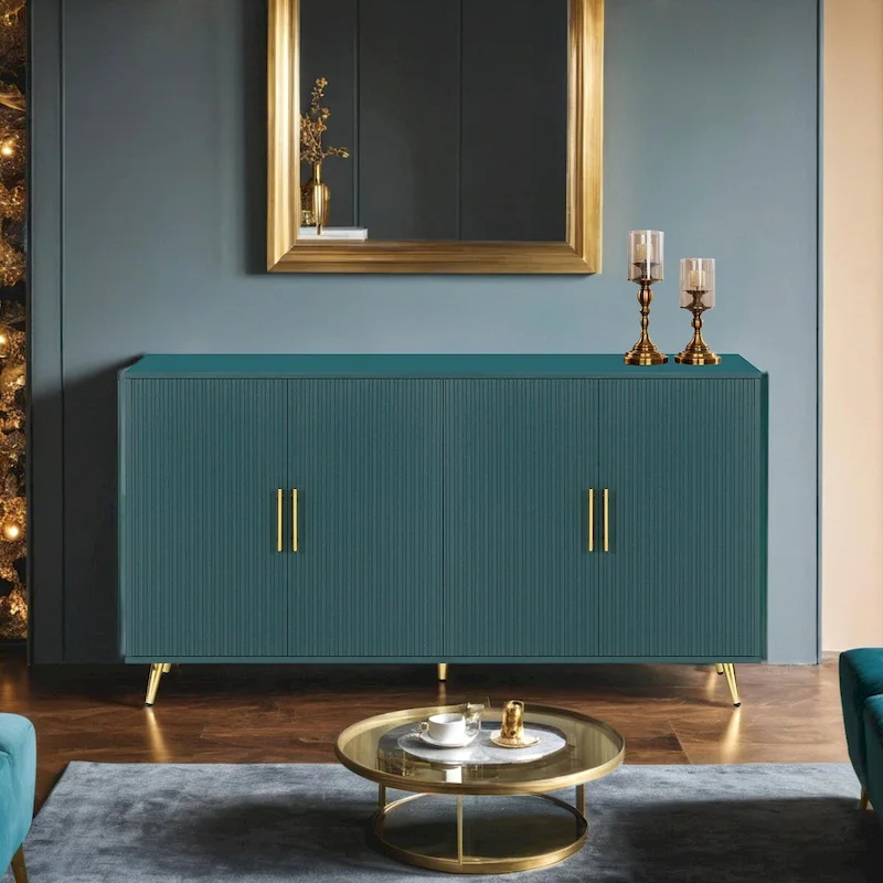 Teal Vintage Sideboard Storage Cabinet with Gold Legs and Doors