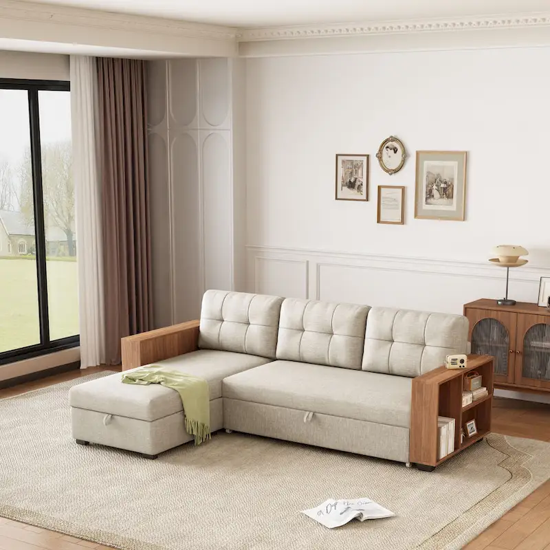 GDFStudio - Vinnas Convertible Sectional Sofa with Pull-Out Bed and Hidden Storage Chaise