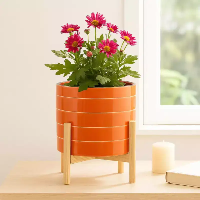 Striped Ceramic Planters with Wooden Stand as Home Decor Flower Pots for Entryway, Patio, Tabletop, and Garden