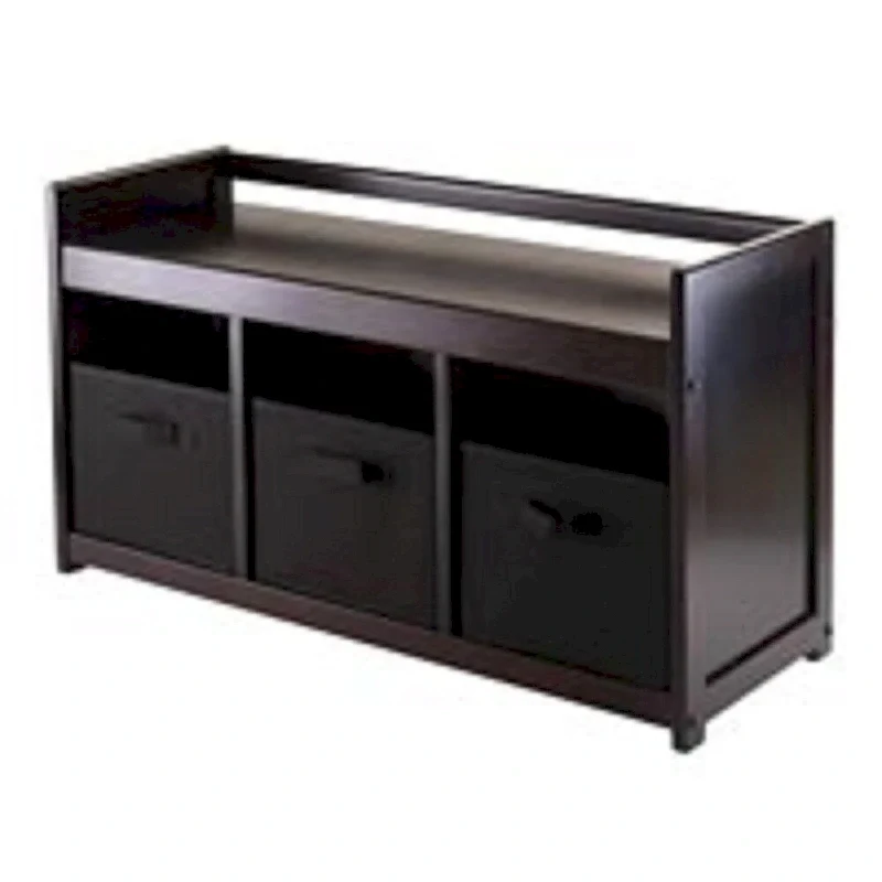 Wood Storage Bench with 3 Foldable Canvas Baskets