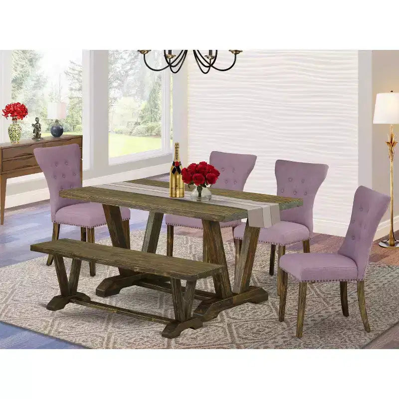 HomeStock 6-Pc Rectangle Distressed Jacobean Finish Solid Wood Top Dining Table with 1-Bench, 4-Chairs