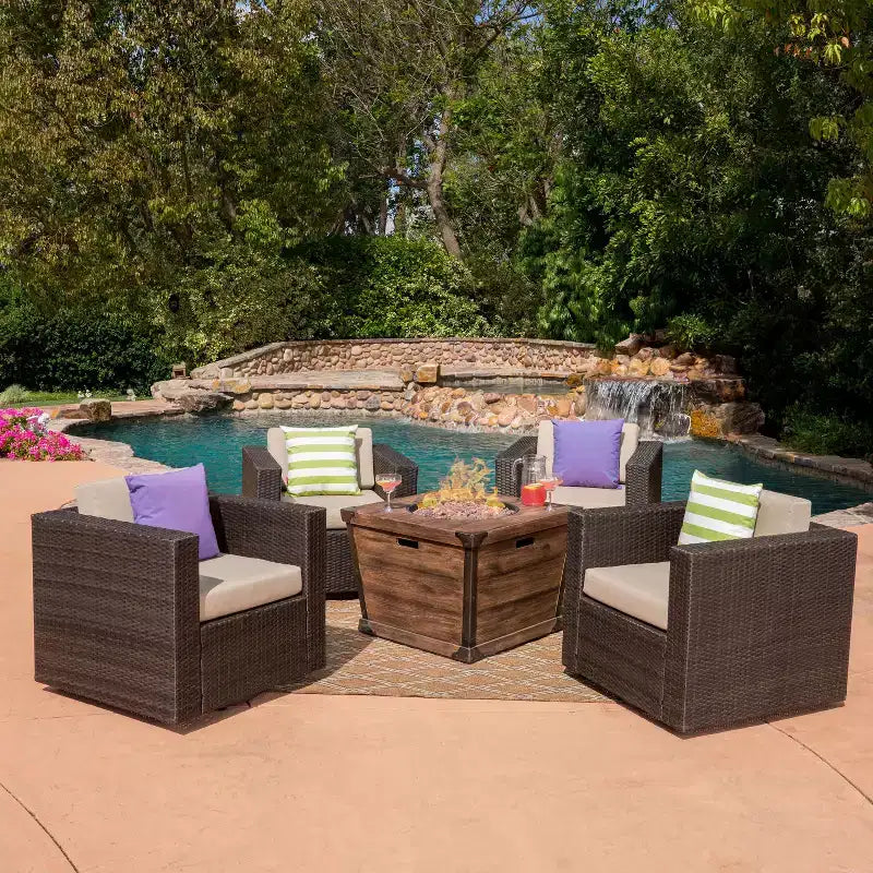 Christopher Knight Home Maaroaro Outdoor Wicker 5 Piece Swivel Club Chairs and Fire Pit Set with Cushions, Brown/Begie