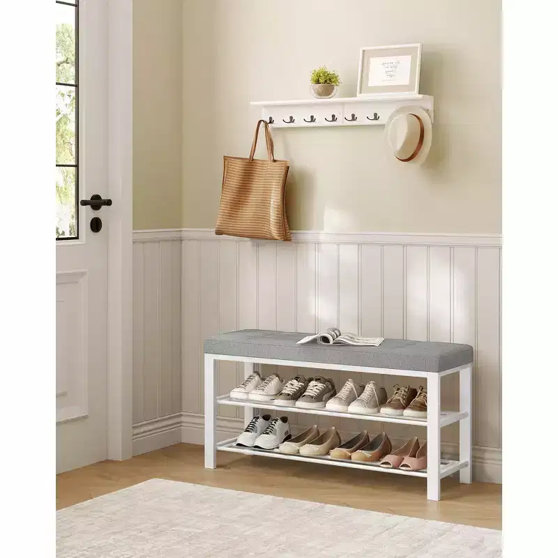 SONGMICS Shoe Bench, Storage Bench, Entryway Bench with Cushion, Shoe Shelf with Seat, Space-Saving, Modern Style, Dove Gray and Cloud White