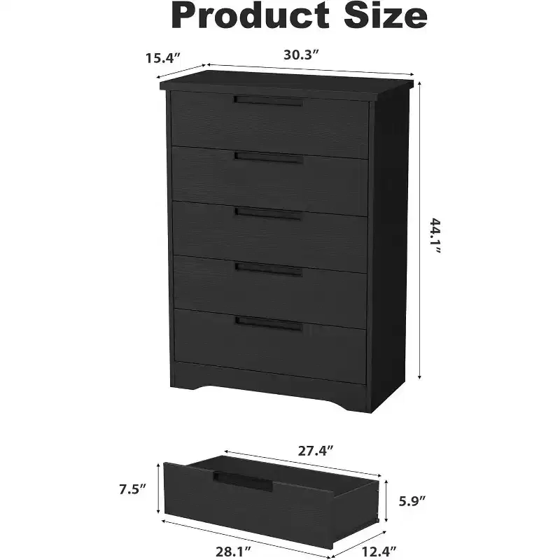 Dresser for Bedroom with 5 Drawers Wooden Chest of Drawers for Closet Dresser Storage Unit Organizer for Hallway Living Room and Office