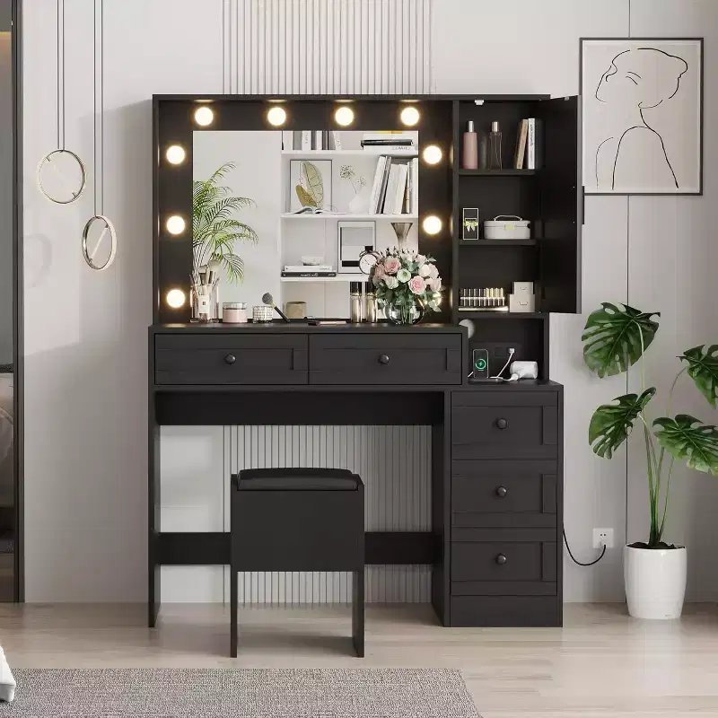 Elegant Dressing Table Set with LED Mirror Lights, Makeup Vanity Desk and Stool Featuring Charging Station, Multiple Drawers & Storage Shelves