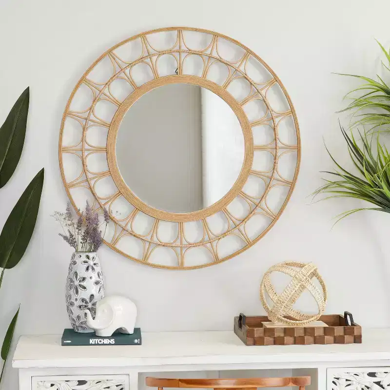 35 Round Bohemian Bamboo Starburst Wall Mirror 鈥?Brown Geometric Frame