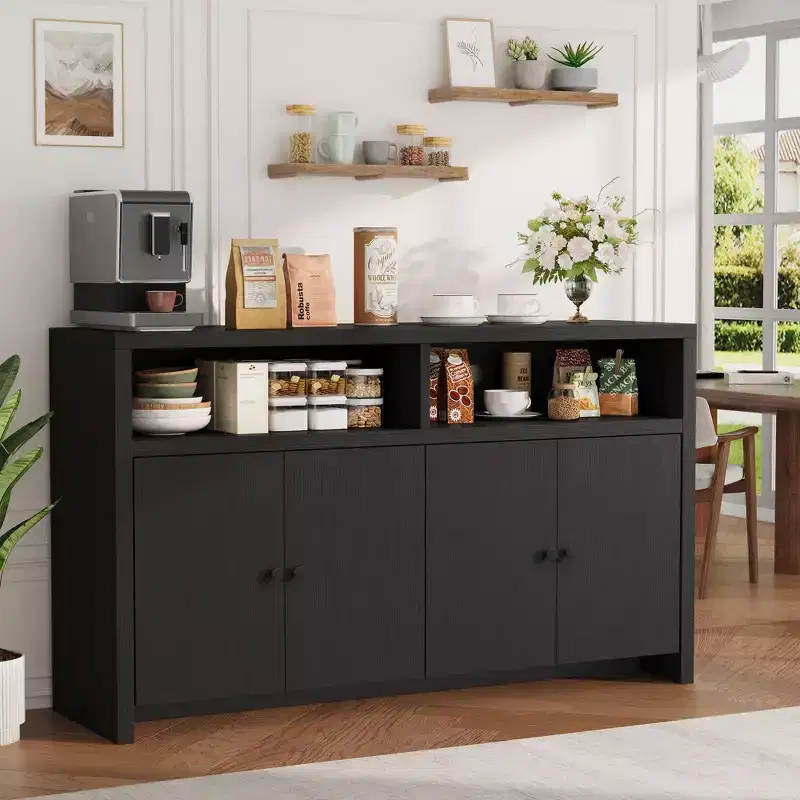 Buffet Sideboard Cabinet with Storage, 55 Large Farmhouse Kitchen Storage Cabinet with 4 Doors & Adjustable Shelves, Wood Coffee Bar Cabinet