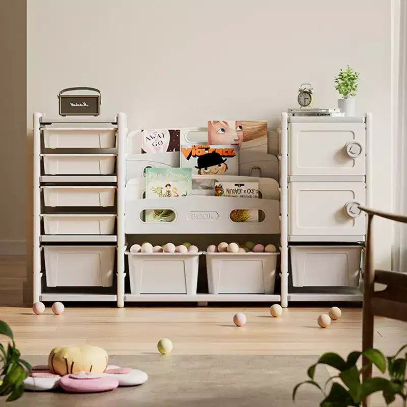 Whisen Kids Toy Storage Organizer, 8 Storage Cabinet Toy Bins, 4-Tier Book Storage and 2 Cabinet Storage - Gray & Ivory