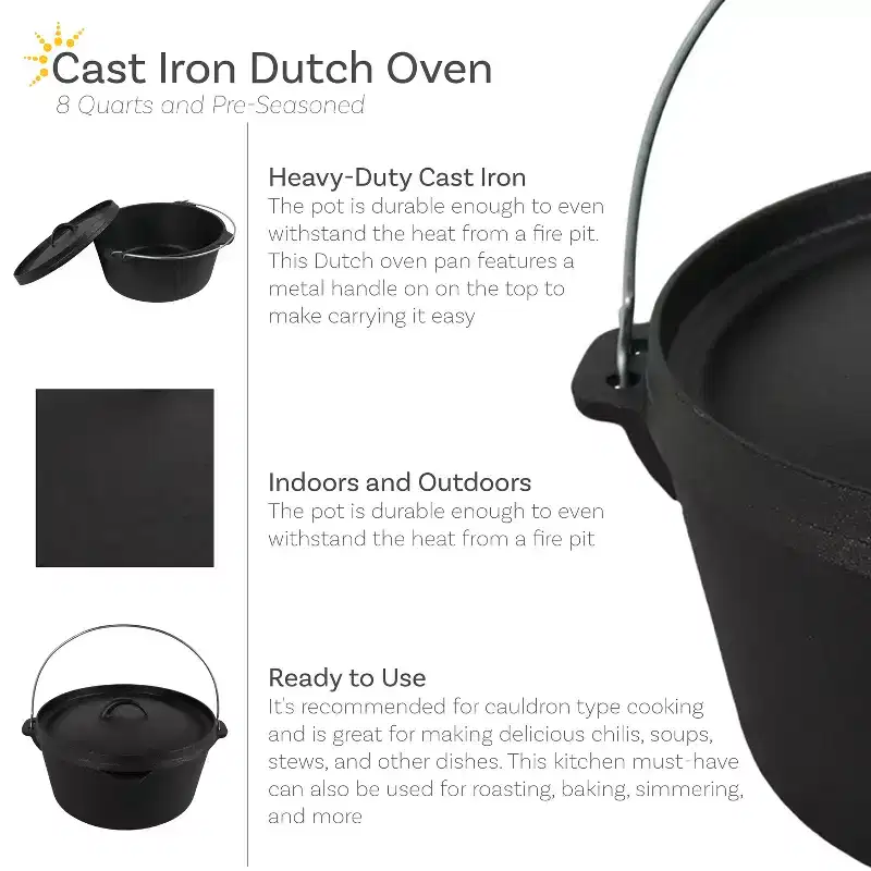 Sunnydaze Indoor/Outdoor Large Pre-Seasoned Cast Iron Dutch Oven Pot with Lid and Handle - 8 qt - Black