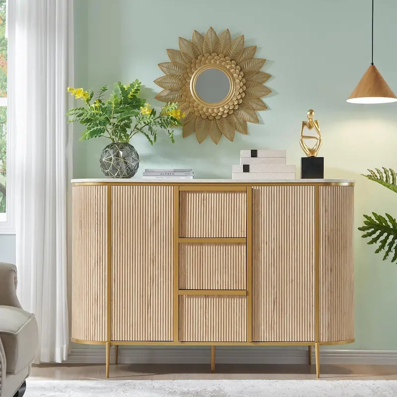 54 Modern Fluted Buffet Cabinet with Faux Marble Top