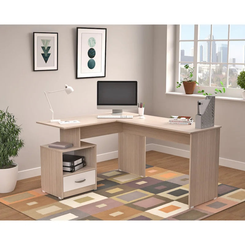 L-Shape Computer Desk with Cubby, Maple-White