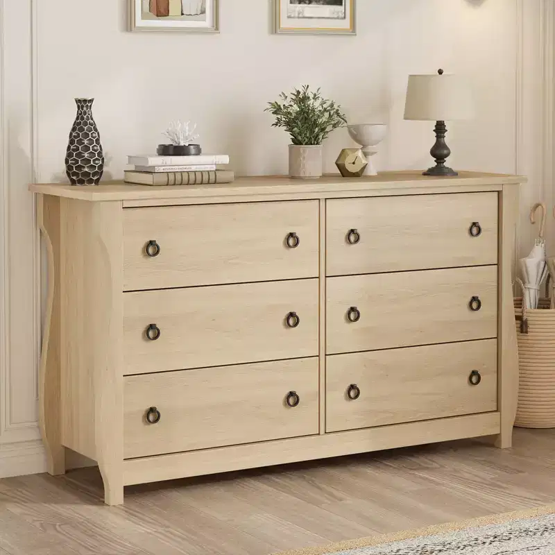 Natural 6-Drawer Boho Dresser �C 119,4 cm Wide, Curved Legs, Rattan Accents