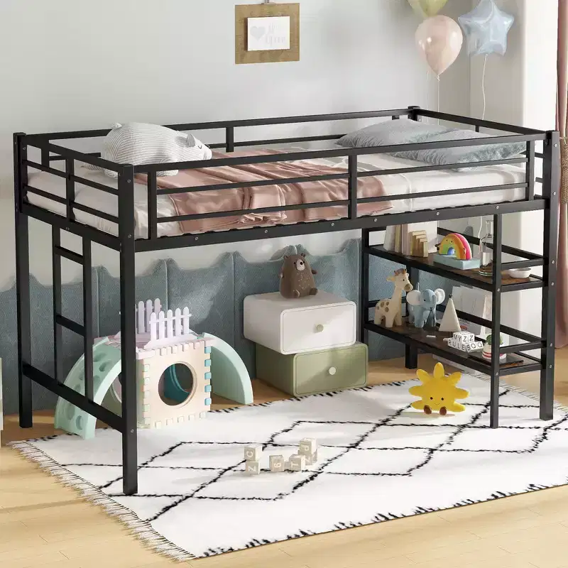 Twin Size Metal Loft Bed for Kids with Ladder and Guardrails, Black