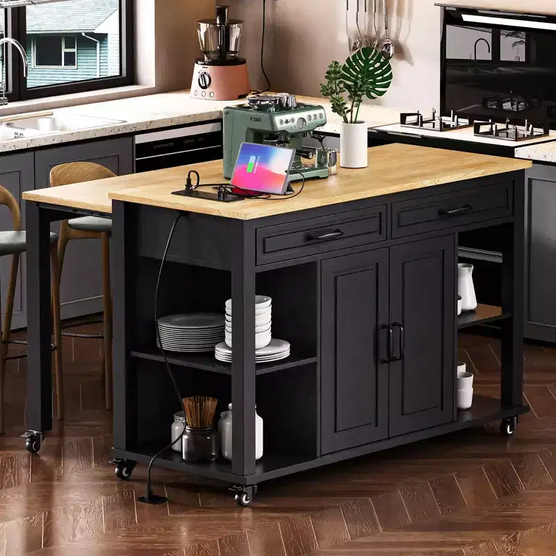 GDFStudio Yannic 47 Kitchen Island with Extendable Dining Table, Power Outlet and Wheels