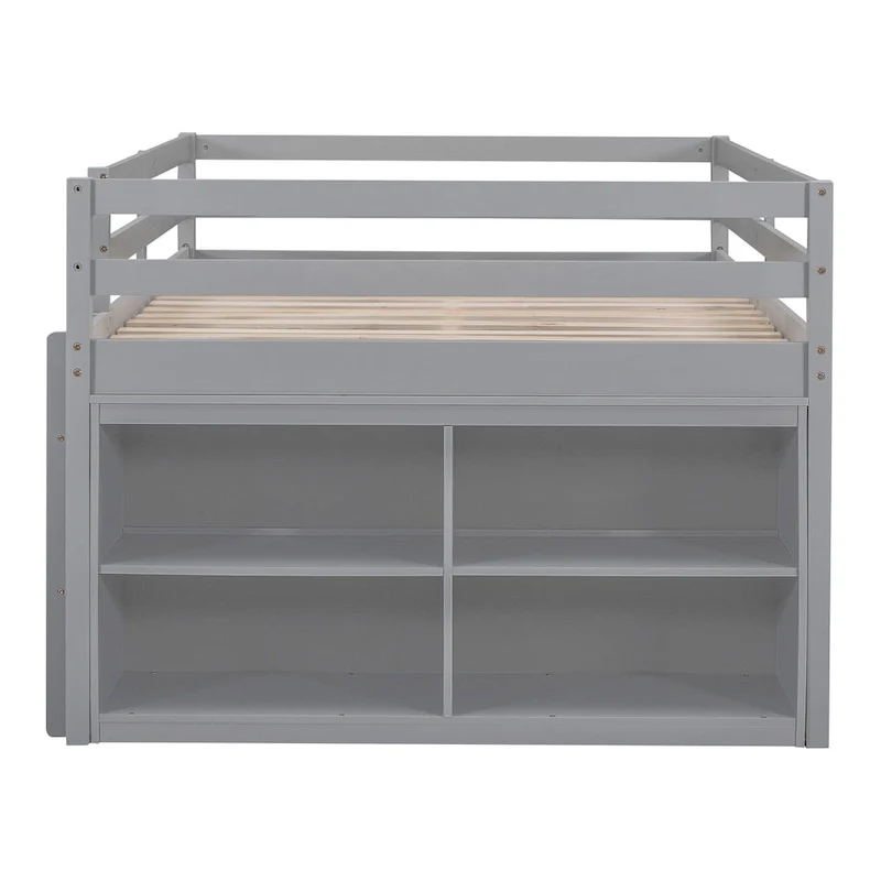 Gray Full Size Solid Wood Loft Bed with Retractable Desk and Drawers